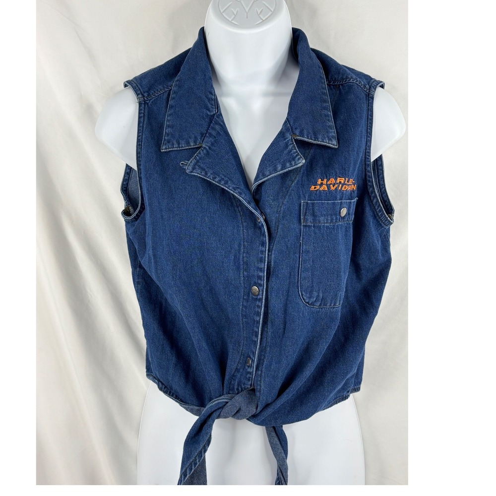 Harley Davidson Women's Denim Crop Top Tie Waist Snap Front Top Size Medium - Picture 1 of 4